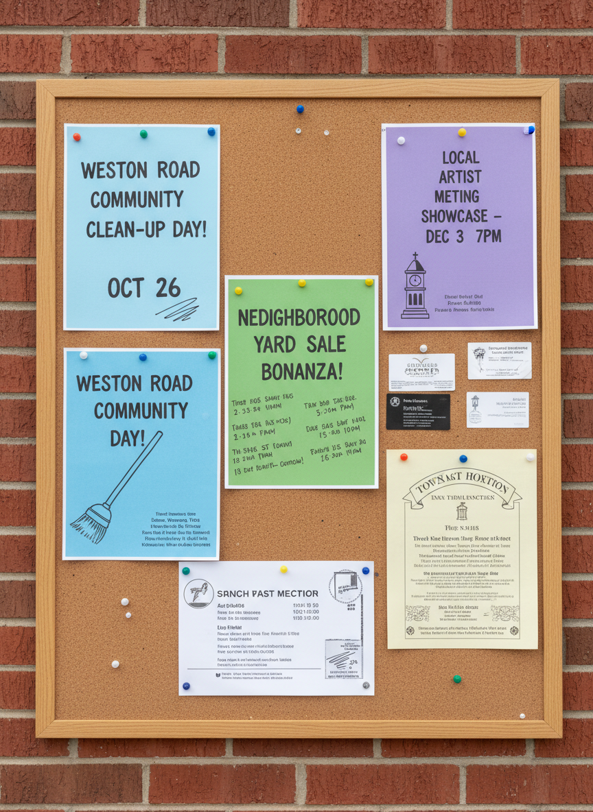 A detailed close-up of a community bulletin board mounted on a red brick wall along Weston Road, filled with neatly pinned flyers about local events, yard sales, and neighborhood meetings. The cork surface shows subtle wear, while colorful paper notices and tidy handwritten dates create a sense of organized activity. Soft, diffused overcast daylight from the left creates even lighting with minimal shadows, emphasizing text and textures. The background brick pattern is slightly blurred to maintain focus on the board. Photographic realism, shot straight-on with sharp focus, conveying a professional yet welcoming neighborhood information hub.