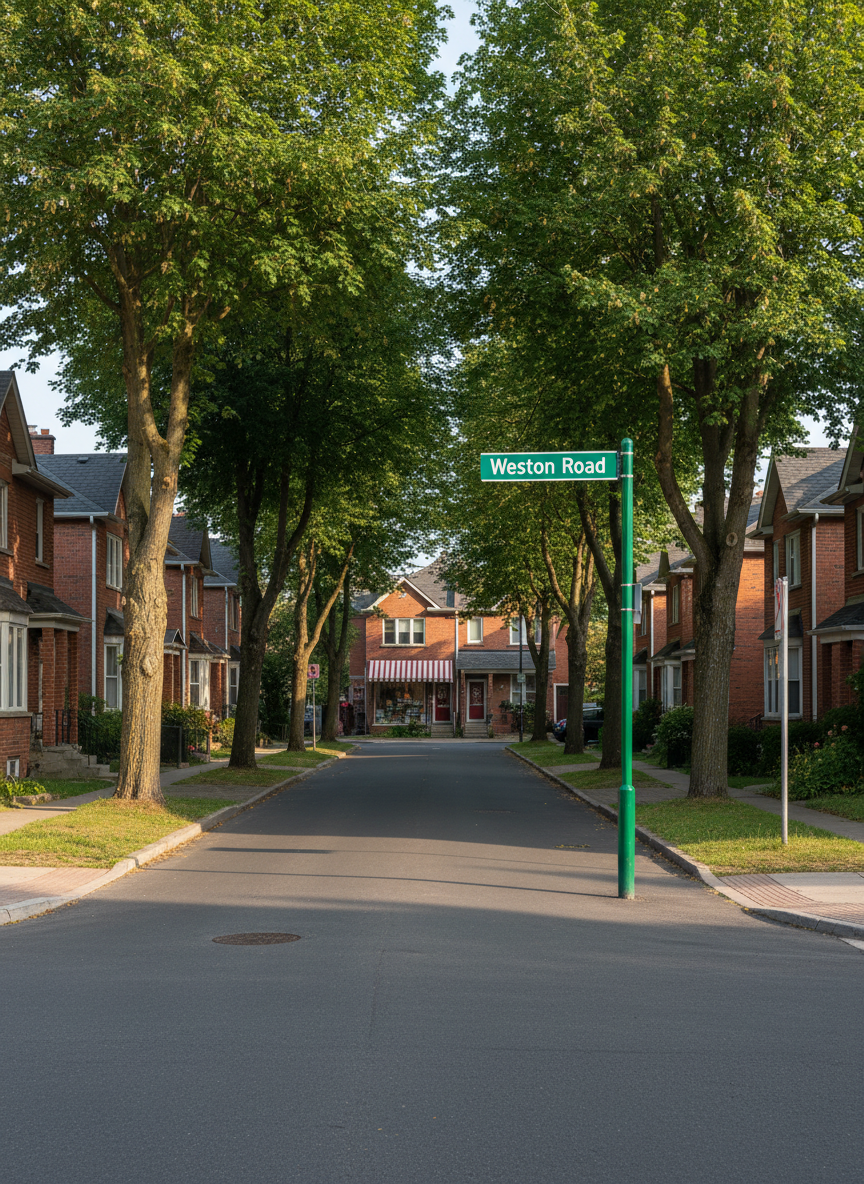 A quiet suburban street along Weston Road, with neatly maintained brick townhouses and mature maple trees lining both sides of the asphalt. A freshly painted green street sign reading “Weston Road” stands prominently at the intersection, its surface slightly reflective. Soft late-afternoon natural light casts long, gentle shadows across the pavement and highlights the texture of the brick and tree bark. In the background, a small local shopfront with a classic awning is softly blurred. Photographic realism, eye-level composition with a moderate depth of field, creating a calm, orderly, professional atmosphere suitable for a neighborhood community website header.