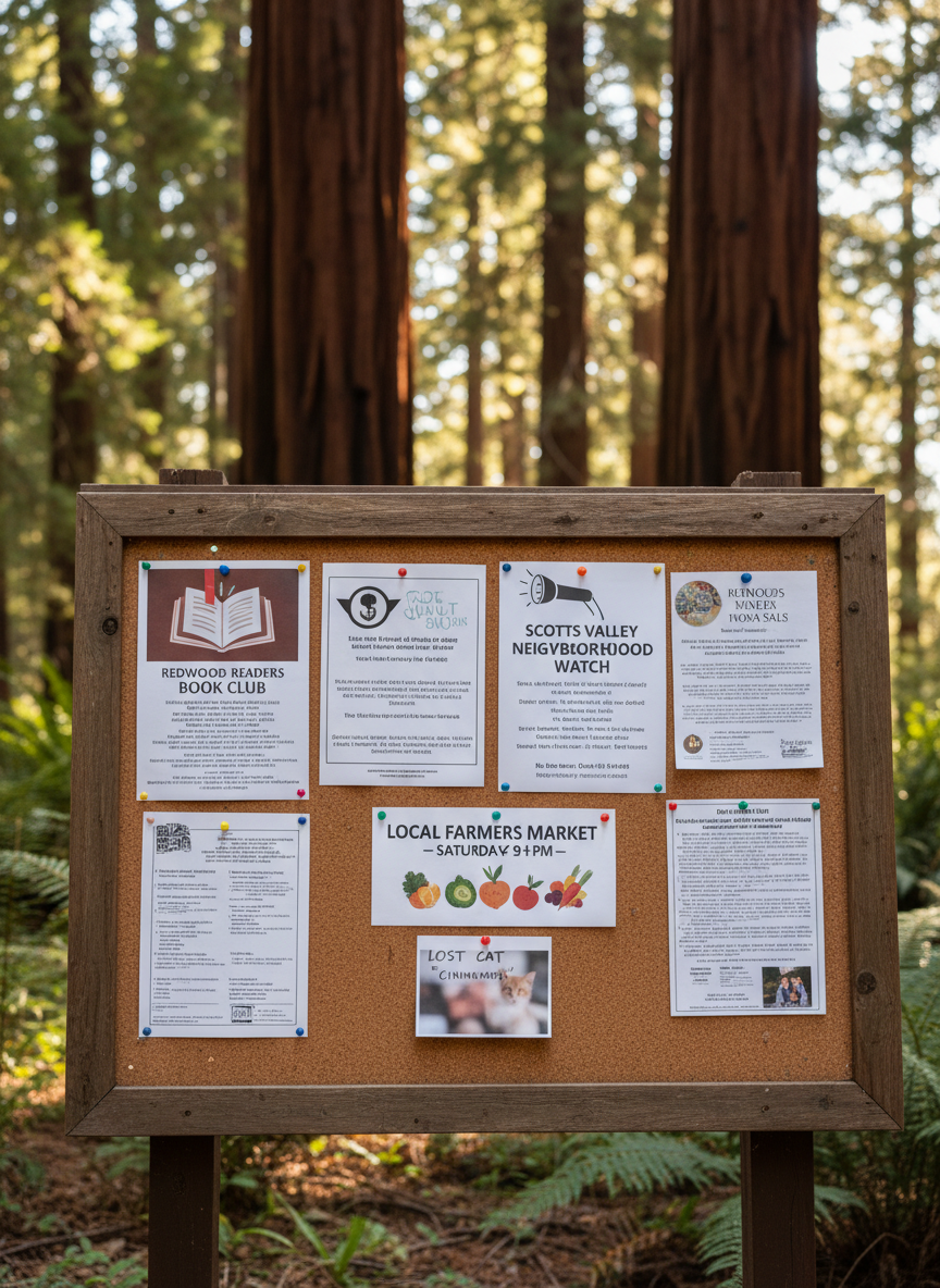 Photorealistic portrait-orientation image of a close-up community bulletin board at the edge of a redwood forest neighborhood near Scotts Valley, California. Tall redwood trunks and ferns are softly blurred in the background, while the cork board in the foreground features neatly pinned flyers about local events and safety meetings. Warm, diffused natural light and a welcoming, organized community feel suitable for an "About the neighborhood" section image.